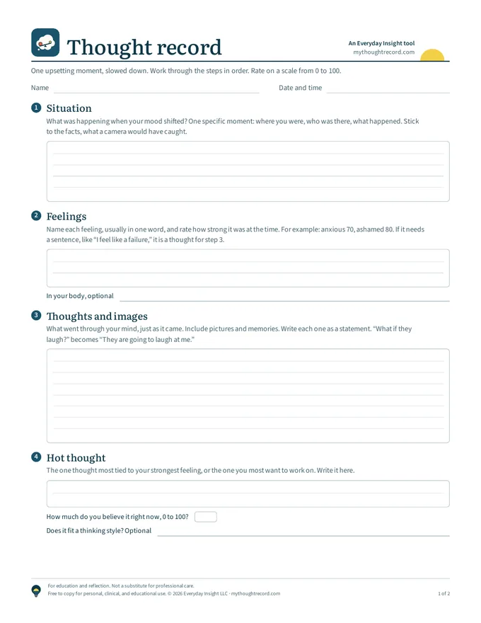 Page 1 of the printable thought record worksheet, with boxes for the situation, feelings, thoughts and images, and the hot thought