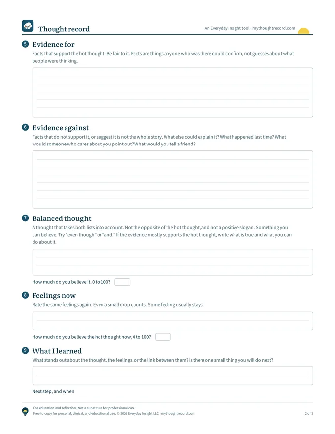Page 2 of the printable thought record worksheet, with boxes for the evidence for and against, a balanced thought, feelings now, and what you learned