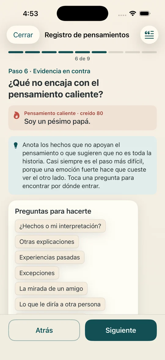 El paso de evidencia en contra, con el pensamiento caliente fijo arriba y preguntas guía para tocar