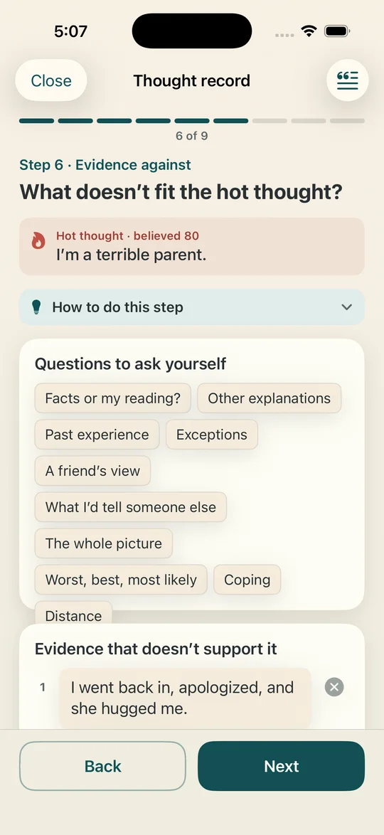 The evidence against step, with the hot thought pinned at the top and guiding questions to tap