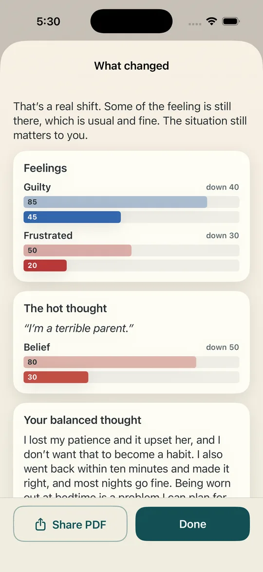 The What changed screen, with each feeling and the belief in the hot thought shown before and after