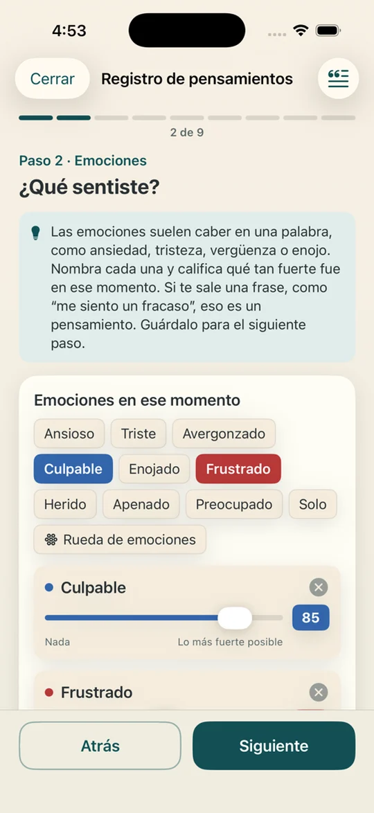 El paso de las emociones, con emociones comunes para tocar, la rueda de emociones y una barra deslizante para cada emoción