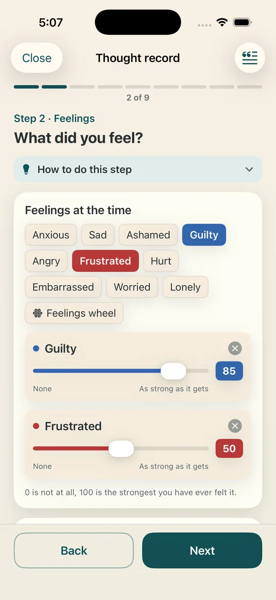 The feelings step, with common feelings to tap, the feelings wheel, and a slider for each feeling
