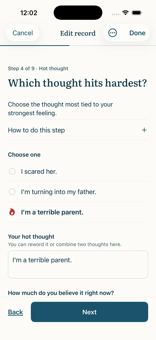 The hot thought step, with three thoughts listed and one chosen, and a slider for how much it is believed