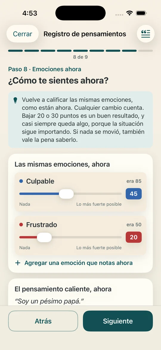El paso de las emociones ahora, donde la culpa baja de 85 a 45 y la frustración de 50 a 20